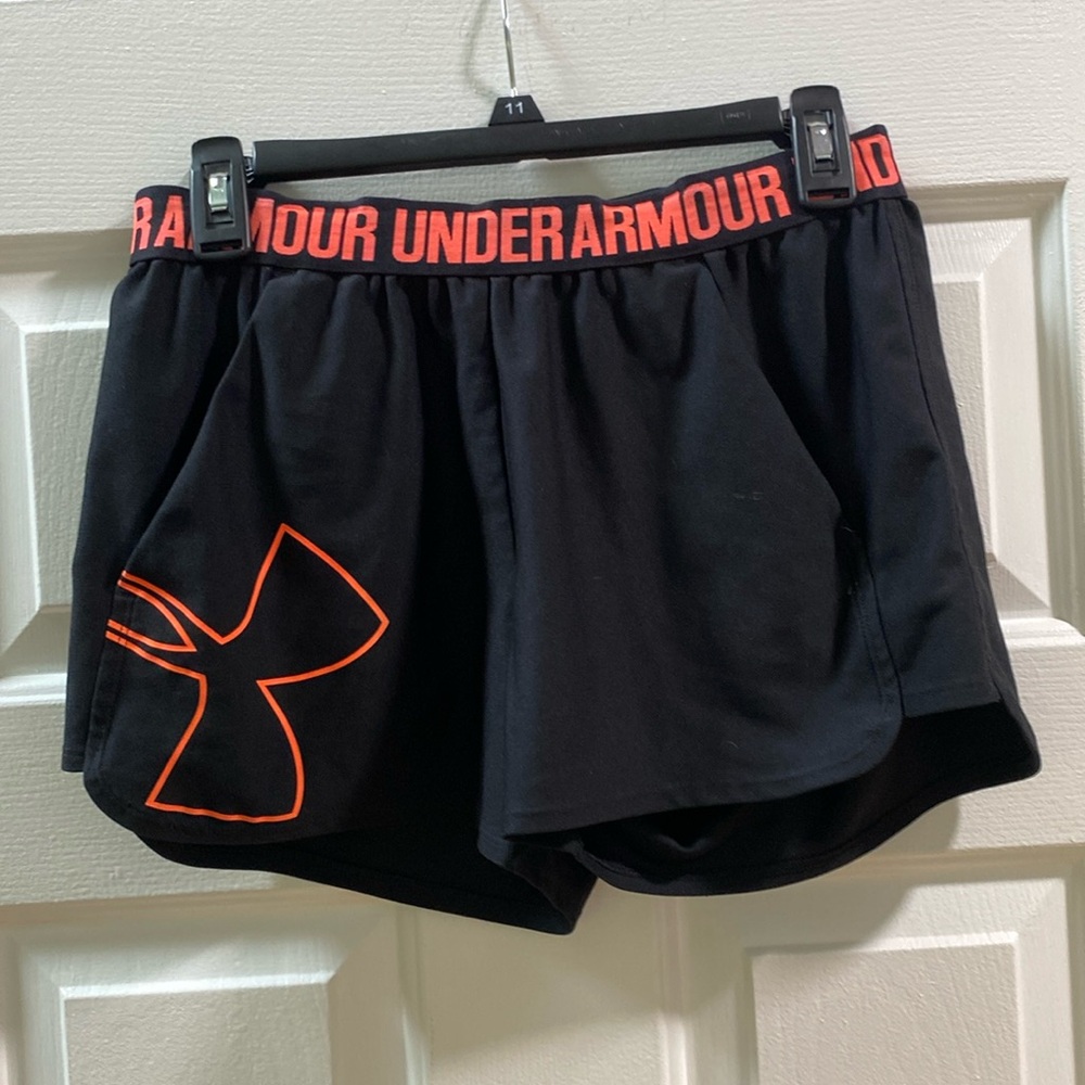 Gently used black & orange athletic Under-Armour shorts with pockets